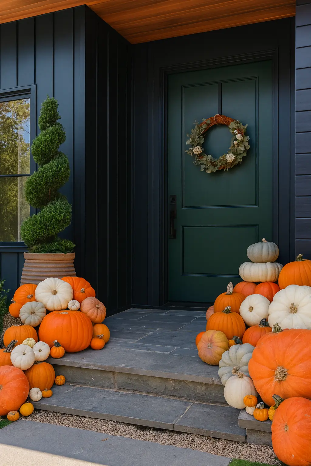 Fall Favorites - A premium display with more variety for larger porches and entryways. - Professional pumpkin display package by Mountain Porch Pumpkins serving Utah Idaho Wyoming