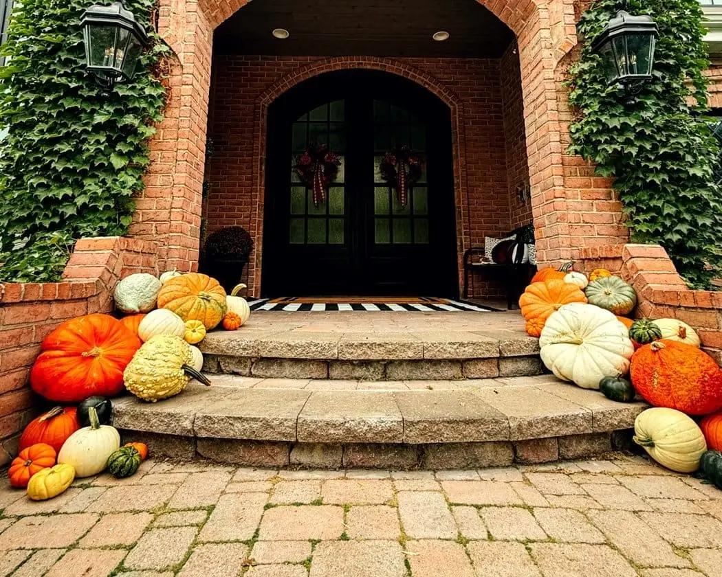 A cascade of heirloom pumpkins down a set of front steps